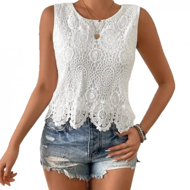 Womens Floral Lace Tank Top Sleeveless Blouse Crew Neck Hollow Out Summer Casual Shirt White - Shop at LoveMi