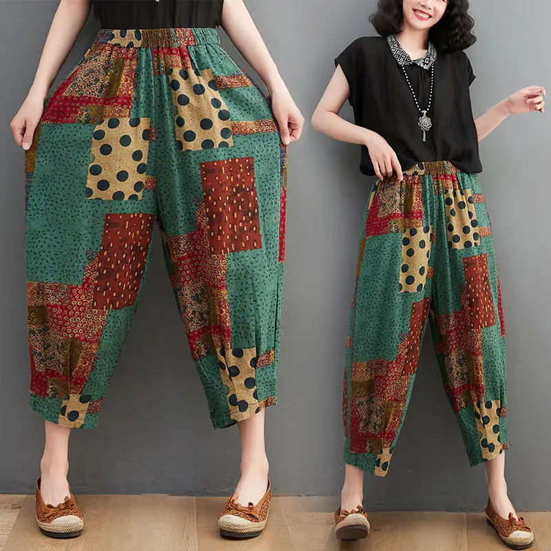 Women's Cotton And Linen Casual Plus Size Printed Ninth Harem Pants