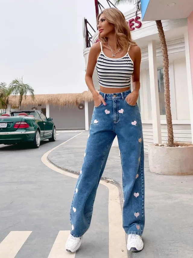 Personalized Graffiti Print Loose Straight leg Jeans Blue - Shop at LoveMi