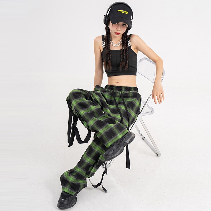 Title 5, Multi Pocket Plaid Buckle Strap Wide Leg Pants,...