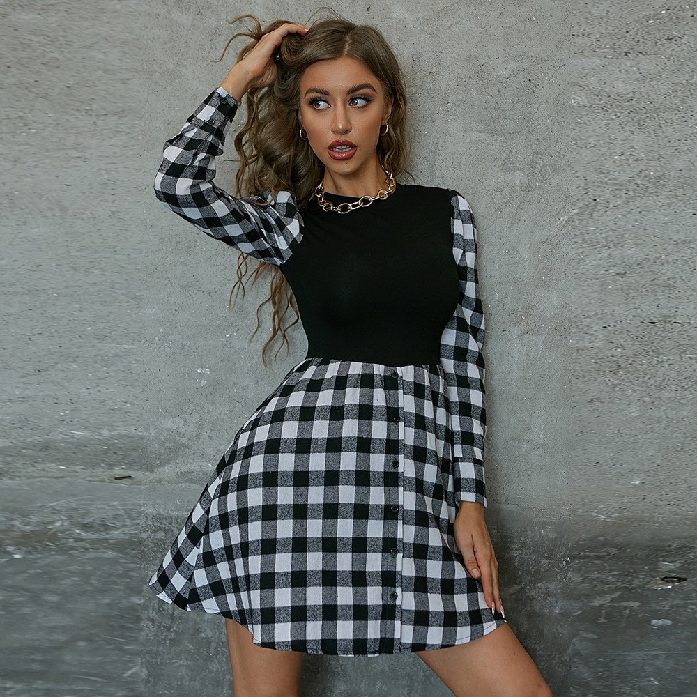 Fake Two Pieces Of Plaid Stitching High Waist Slim Slim Dress