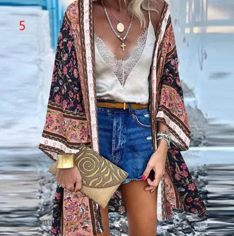 Casual Resort Doll Sleeve Cardigan Print Top Cardigan - 5Color-2Xl