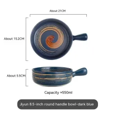 Household Single Handle Ceramic Baking Bowl Student Dormitory - Blue - View 1
