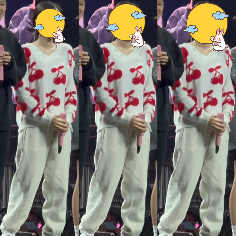 V-neck Hole Loose Pullover Cherry Sweater Women