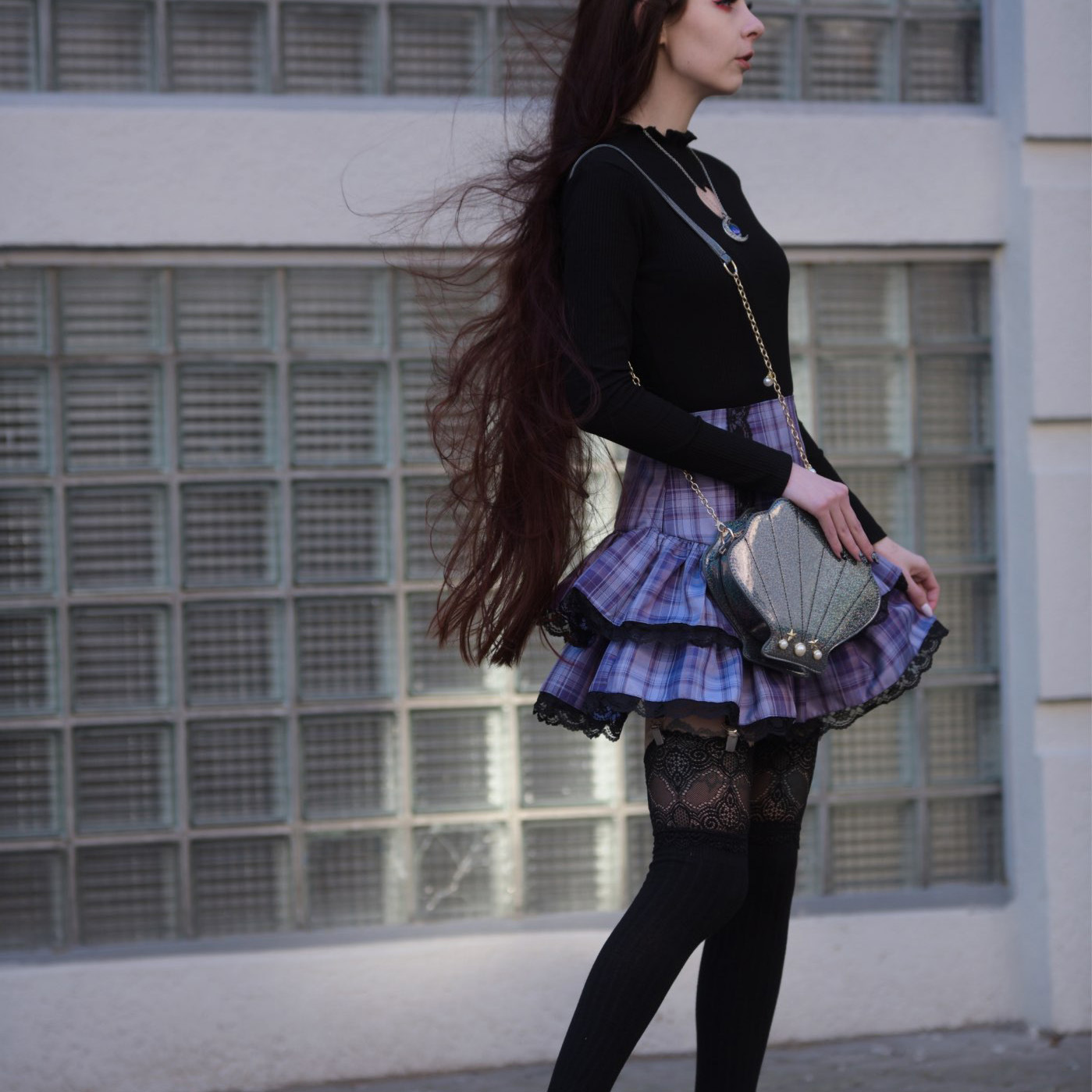 Lace Plaid High Waisted Pleated Skirt