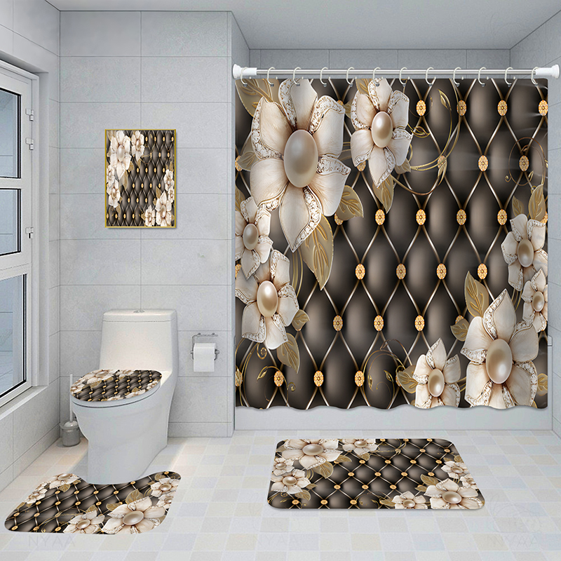 Bathroom Five-piece Set, Shower Curtain, Three-piece Mat Set, Aluminum Alloy Decorative Painting