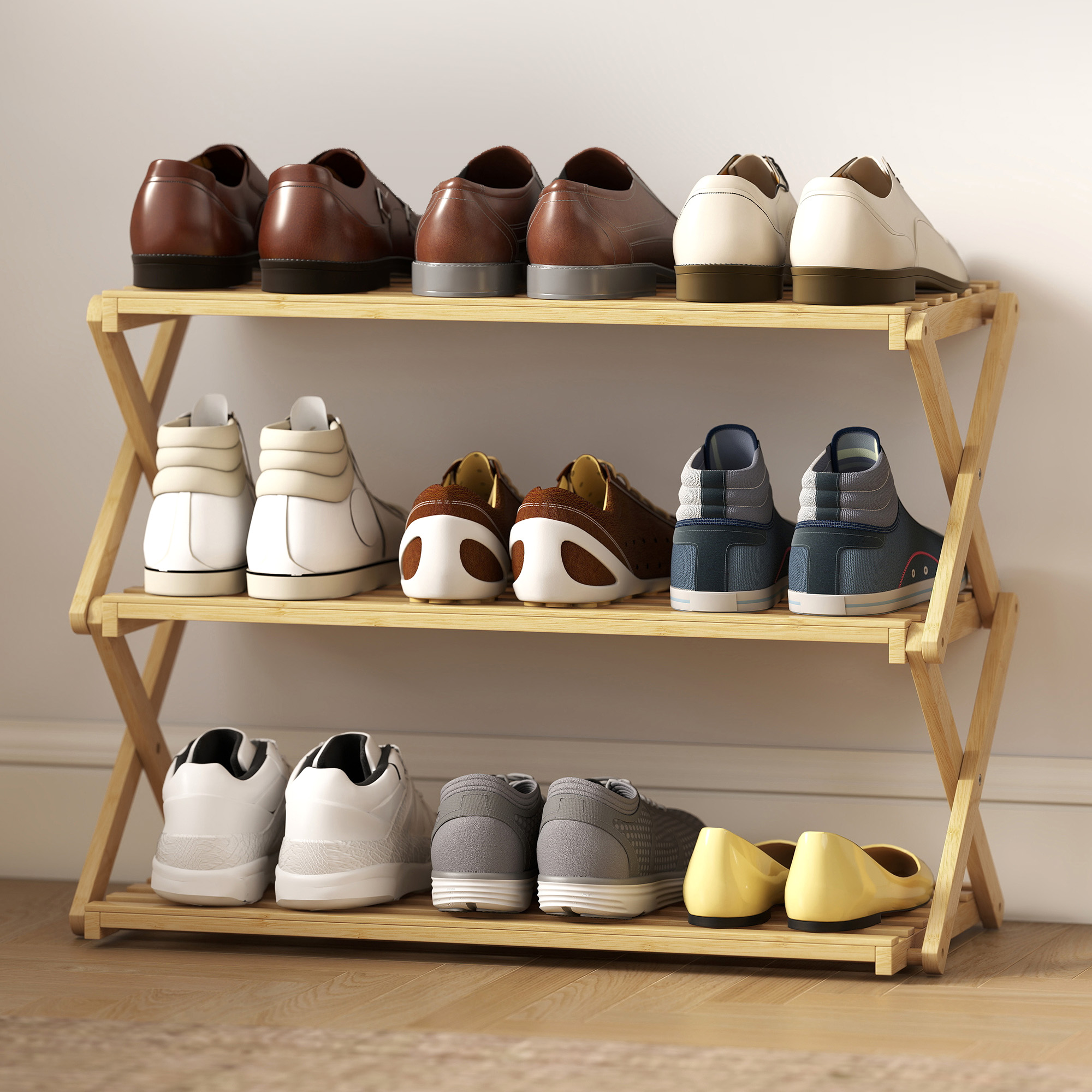 Three Layer Folding Bamboo Shoe Rack - Natural Color