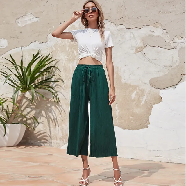 High Waist Drape And Elegant Thin Loose Cropped Trousers Green - Shop at LoveMi