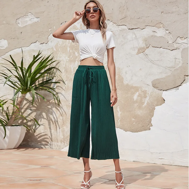 High Waist Drape And Elegant Thin Loose Cropped Trousers - Green