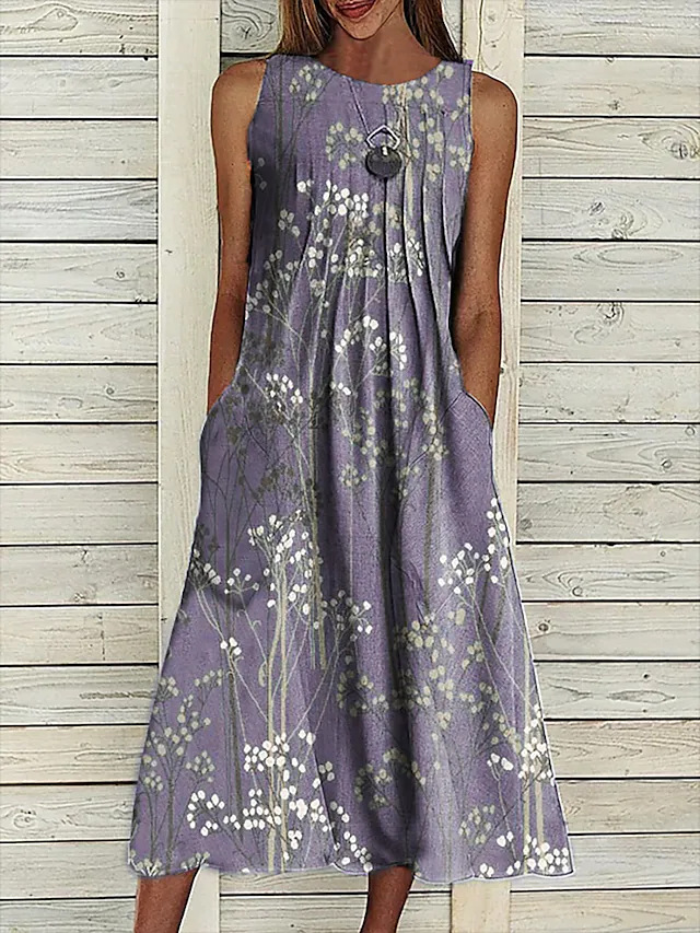 Casual Floral Round Neck Long Pocket Dress Dark Violet - Shop at LoveMi