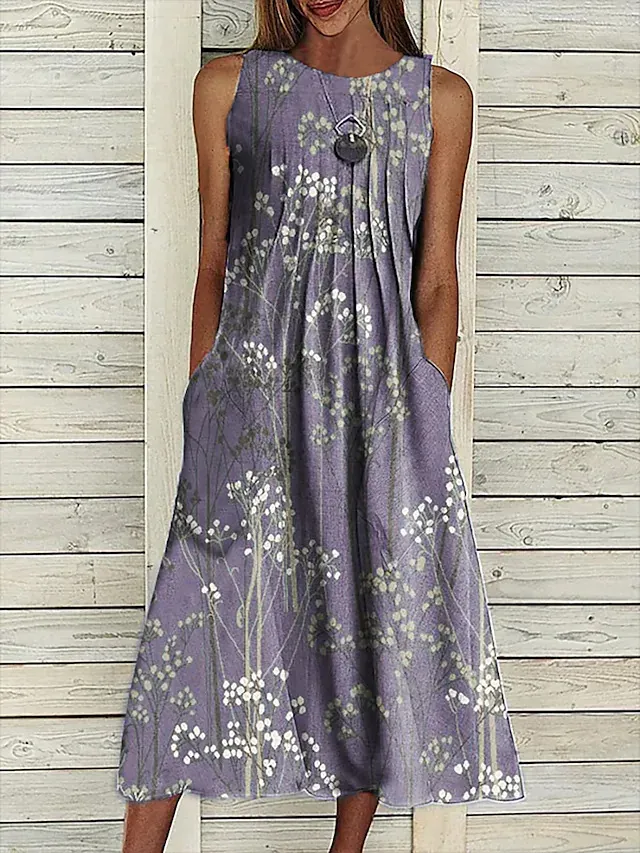 Casual Floral Round Neck Long Pocket Dress - Dark Violet