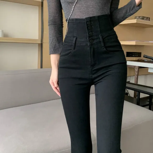 Women's Ultra high Waisted Breasted Jeans With Elastic Straps Black - Shop at LoveMi