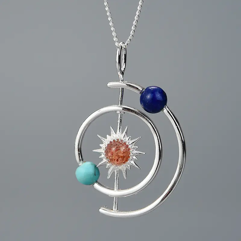 Solar System Natural Stone Sterling Silver Pendant