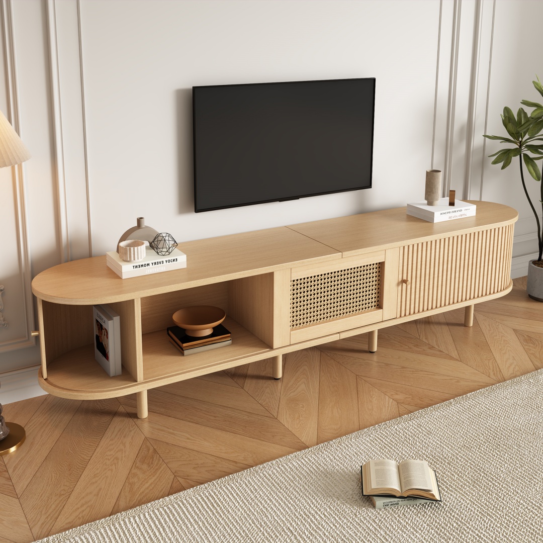 TV Stand With 1 Rattan Drawer And 2 Sliding Doors,Oval TV Cabinet Storage — image 4