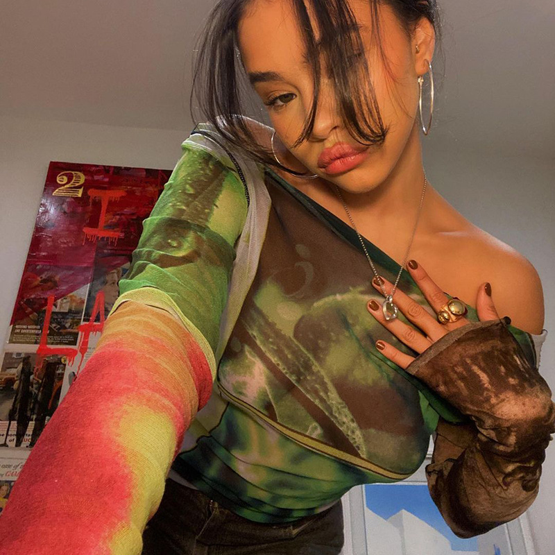 Women's Fashion Casual Mesh Floral Print Pullover Long Sleeve