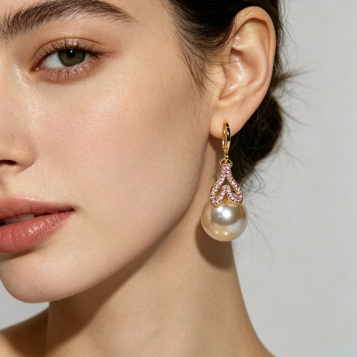 Pearl C Hoop Studs with Zircon — S925 Silver