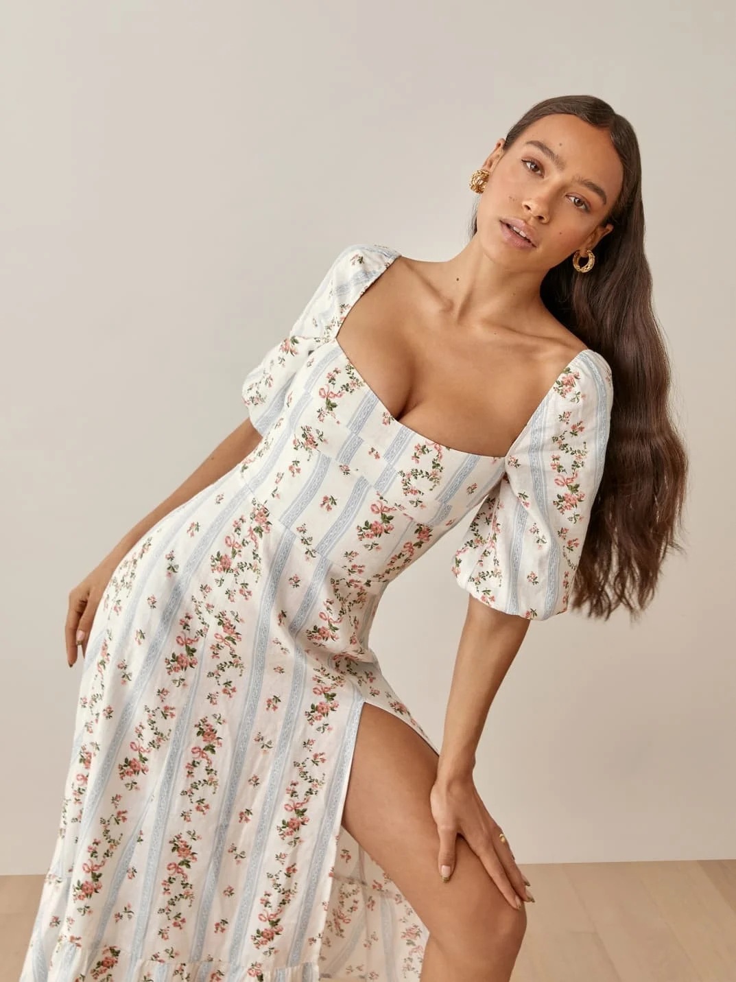 Chiffon Puff-Sleeve Midi Dress