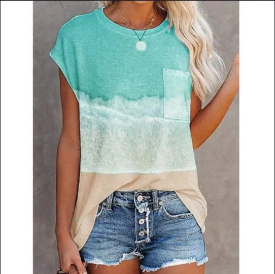 Print Round Neck Drop Shoulder Short Sleeves - Lake Blue