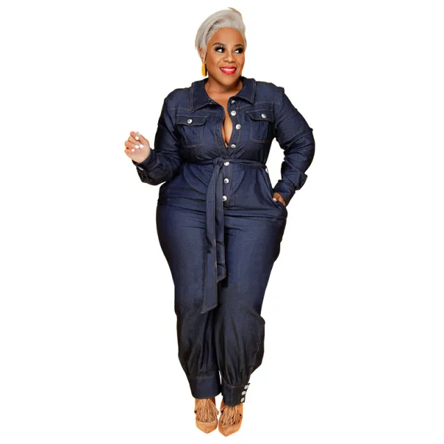 Large Size Women's Washed Denim Long Conjoined Trousers Dark Blue - Shop at LoveMi