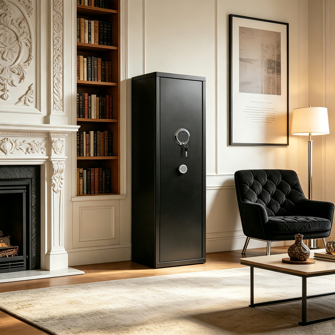 Firearms Safe, Fingerprint Unlock Safe, Suitable For Rifles And Long Guns, Equipped With Adjustable Gun Mounts, Black, Requires Self-assembly