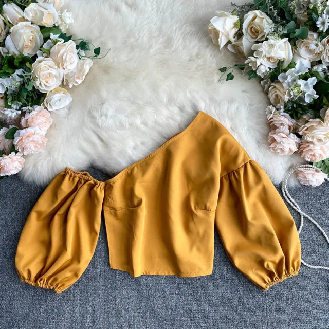 Oblique Collar Unilateral Off shoulder Puff Sleeve Crop Top Orange - Shop at LoveMi