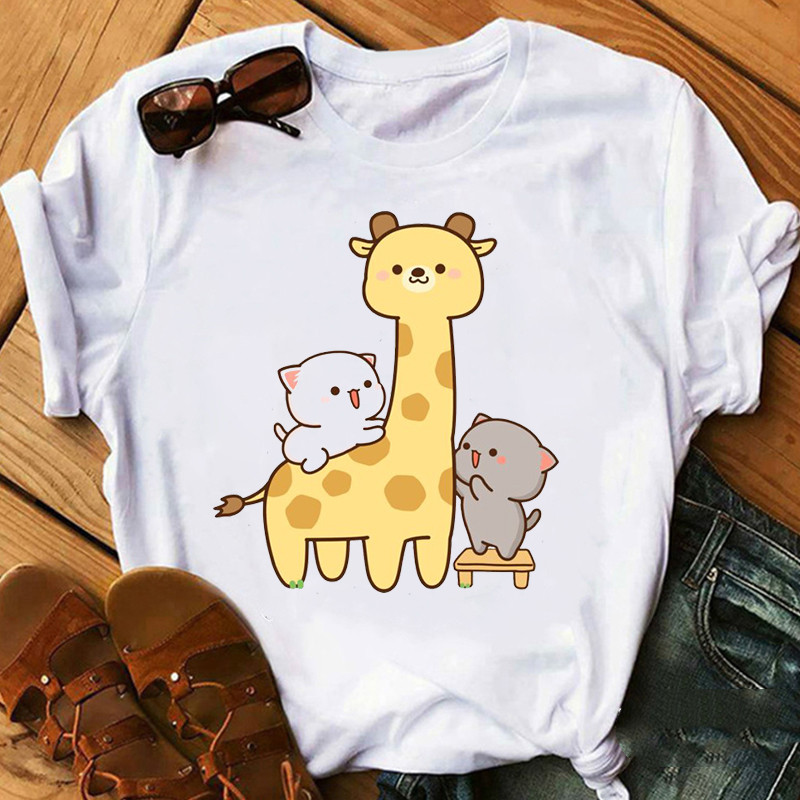 Title 5, Cute Cartoon Cat Print Couple White T-shirt Loo...