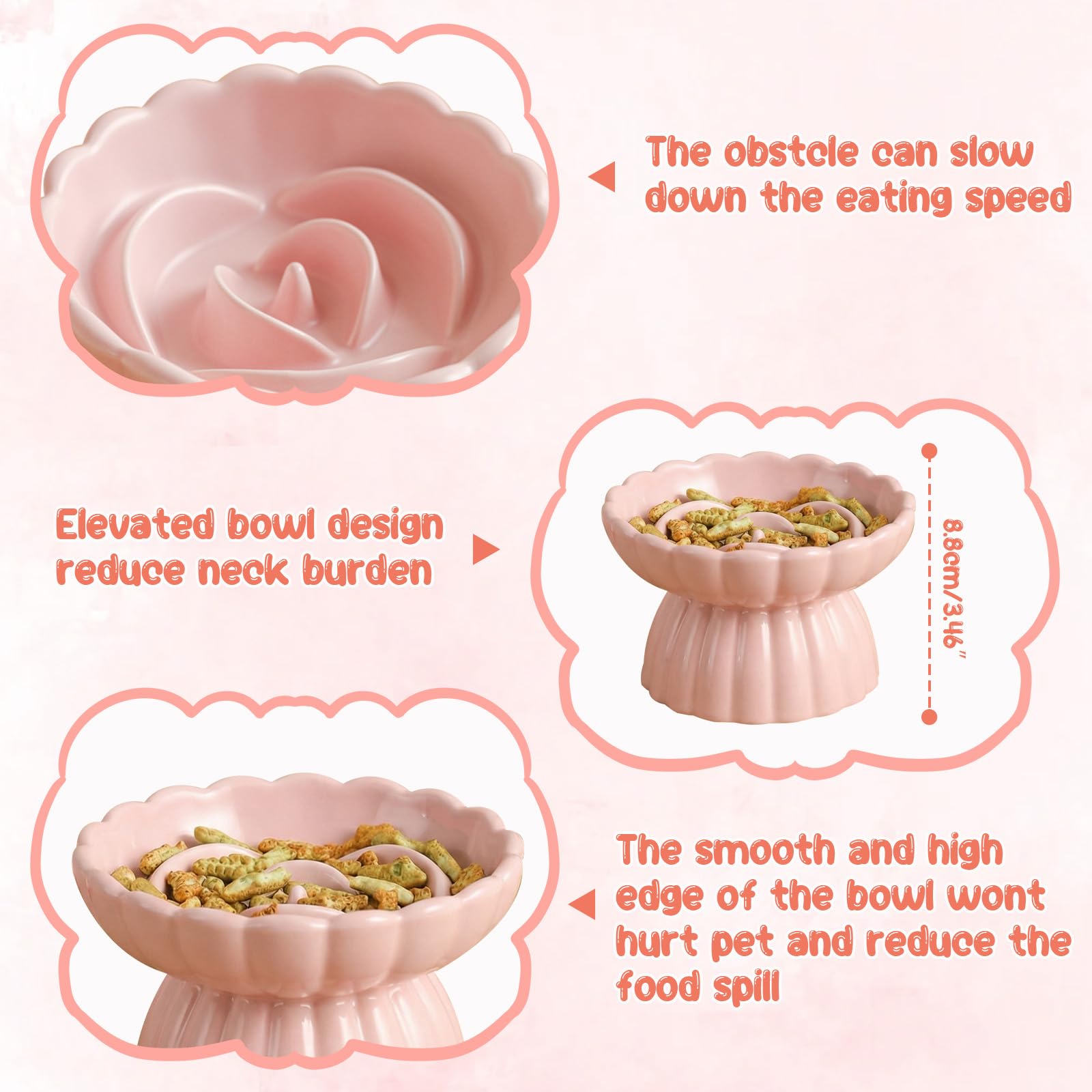 Ceramic Slow Feeder Cat Bowl With Lick Mat,Raised Cat Slow Feeder,Pink Anti Vomiting, Dry And Wet Food,Elevated And Whisker Friendly,for All Cats Kitten And Puppy