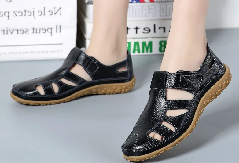 Handmade Vintage Leather Sandals Comfortable Soft Sole Mom Shoes - Black