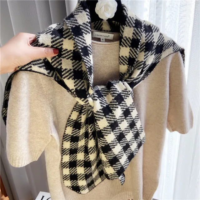Knotted Shoulders With Contrasting Color Small Shawls Wide Checkered Shawl Black - Shop at LoveMi