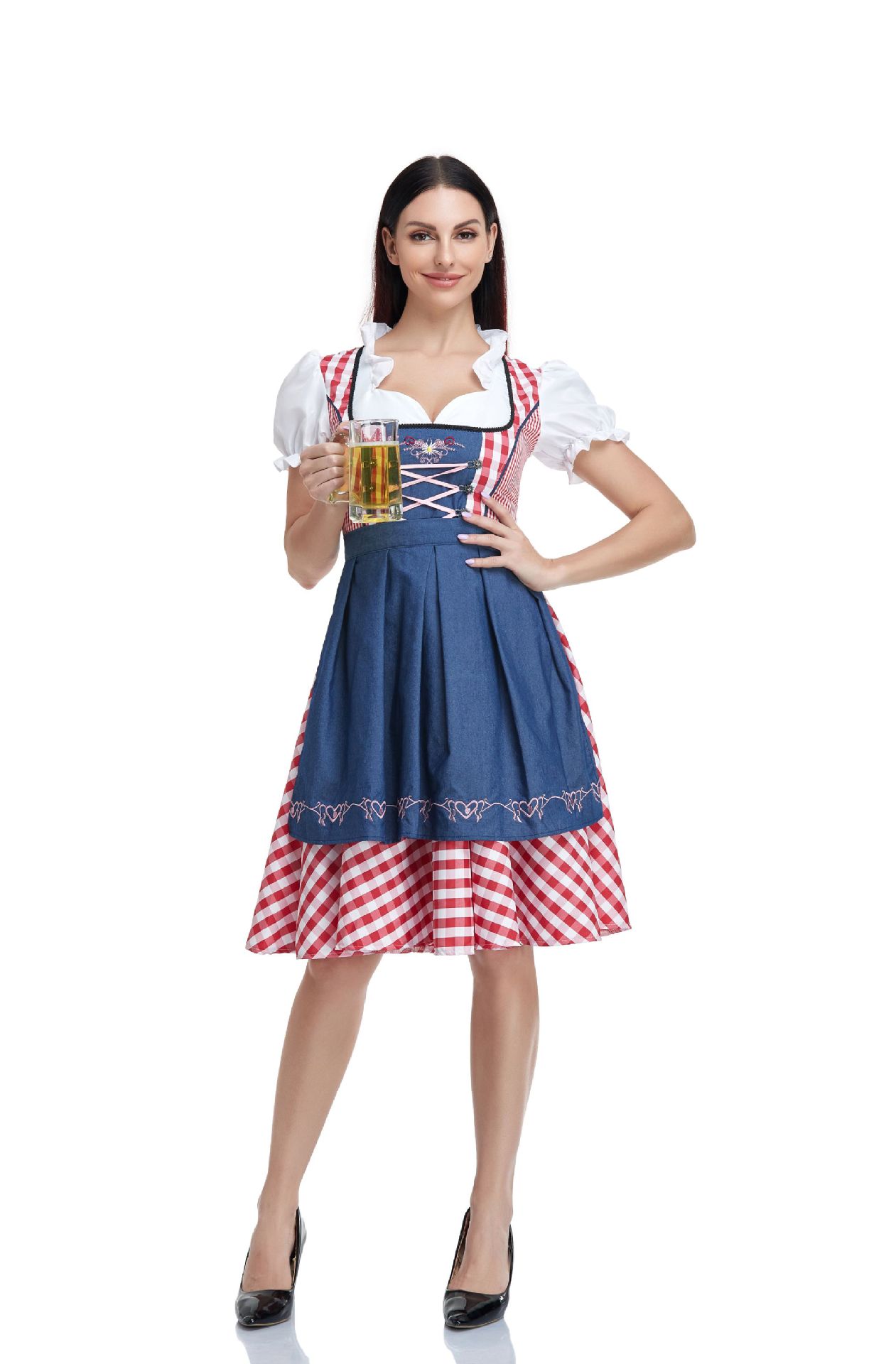 Festival ethnic beer dress costume. Product Introduction: Style: Clothing Manufacturing, Fabric name: Polyester, Main fabric composition: Polyester fiber (polyester), Color: Blue, Black, Dark Green, Fresh Green, Blue, Red, Full Black, Size: S=34, M=36,L=3