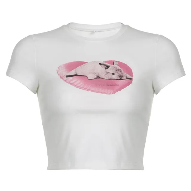 Personalized Trend Cute Rabbit Printed Short T shirt White - Shop at LoveMi