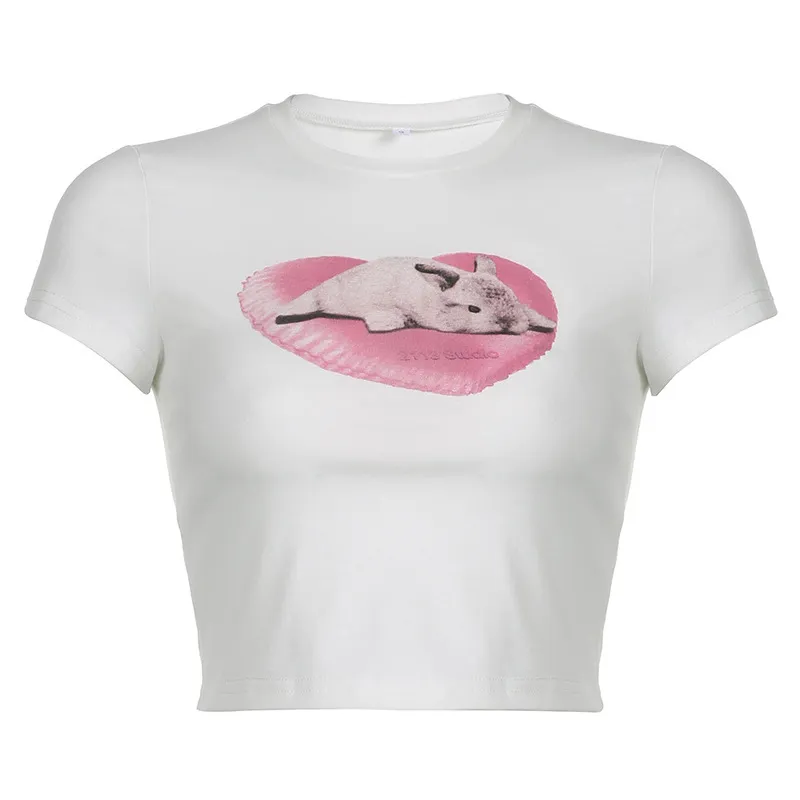 Personalized Trend Cute Rabbit Printed Short T-shirt - White