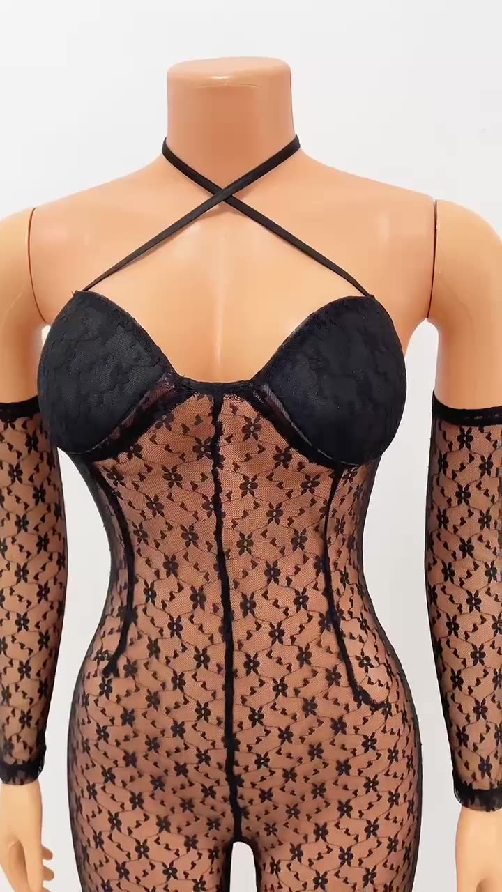 Women's Fashion Tight Sling Lace Sheer Jumpsuit Three Piece