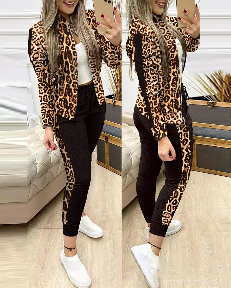 European And American Grey Stitching Plaid Casual Suit - Leopard