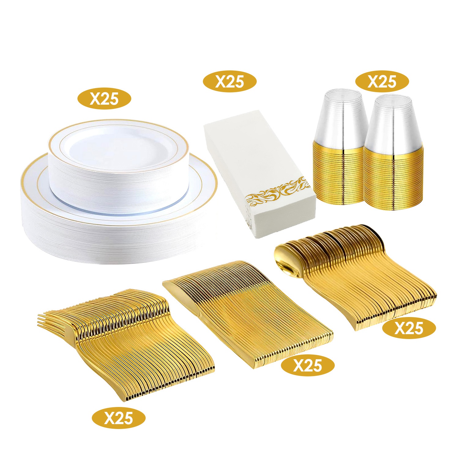 Ensemble de 175 pièces de vaisselle jetable en or, assiettes en plastique, tasses – Image 9