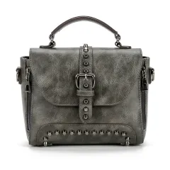 Fashion Rivet Bag Double Zipper Retro Single Shoulder Handbag - Gray - View 1