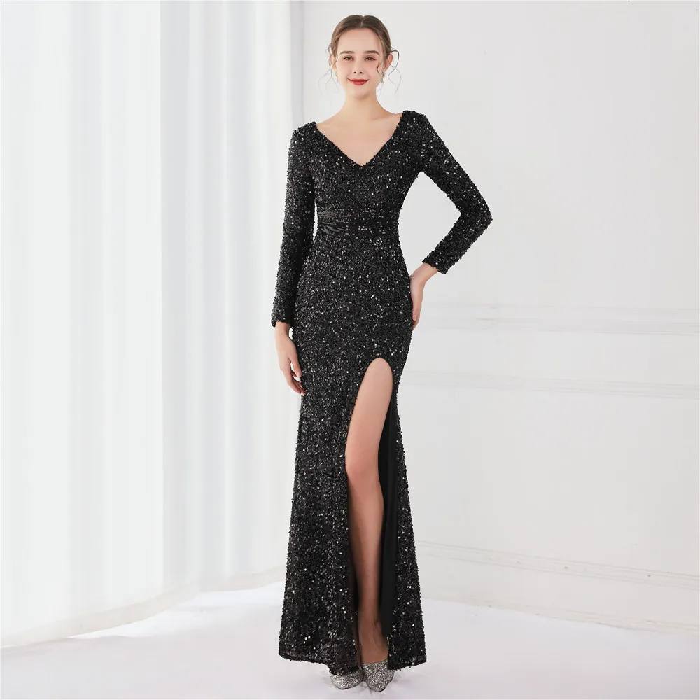 Long Sleeve Sequined Gas Field Queen Fishtail Evening Dress - Black