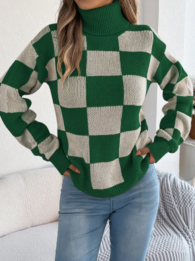 Women's High Neck Color Blocked Plaid Lantern Sleeve Sweater Christmas Green - Shop at LoveMi
