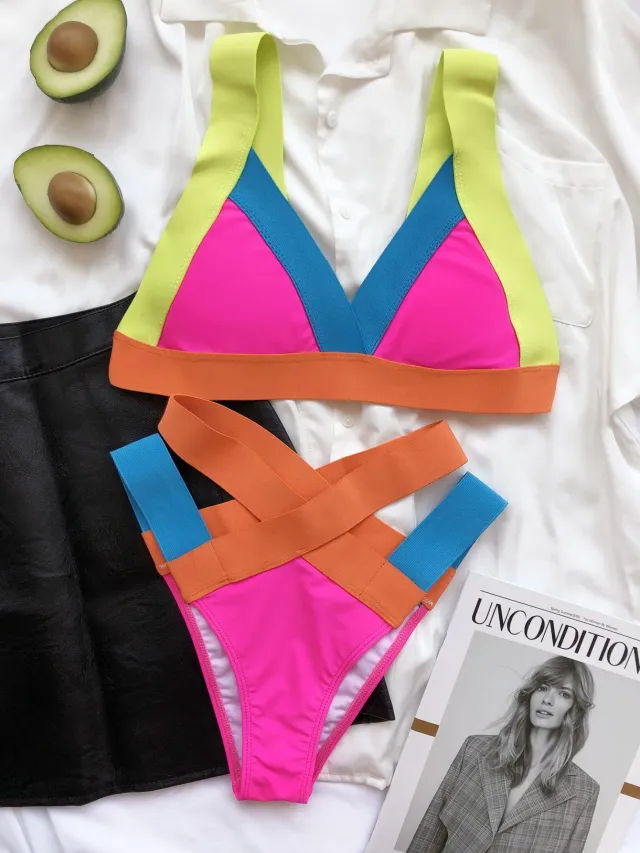 Ladies Colorful Bandage Bikini Triangle Bag Swimsuit Colorful - Shop at LoveMi