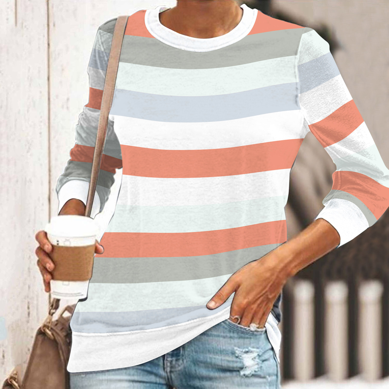 3D Printed Loose Casual Striped Round Neck Long Sleeve T shirt Qcx7988 - Shop at LoveMi