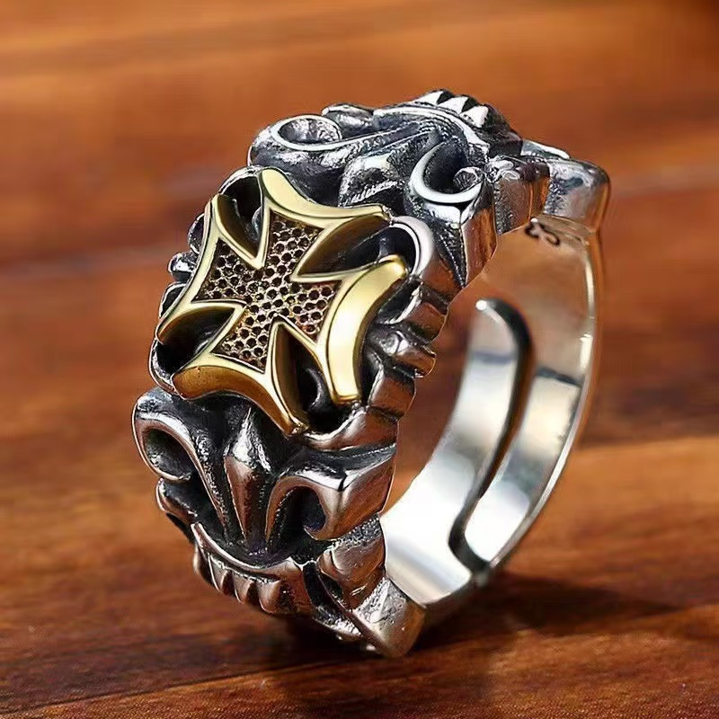 Vintage Maltese Cross Biker Ring, Two-Tone Gothic Adjustable Statement Band, Punk Rock Heavy Ring For Men - Image 1