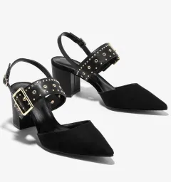 Thick-heeled Sandals With One-word Buckle Back Empty Willow Studs, Pointed Toe And Shallow Mid-heel Shoes - Black - View 1