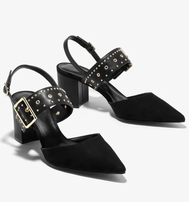 Thick heeled Sandals With One word Buckle Back Empty Willow Studs, Pointed Toe And Shallow Mid heel Shoes Black - Shop at LoveMi