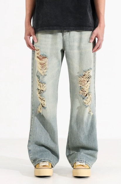 Heavy Ripped Jeans Men Light Wash Baggy Wide Leg Denim Pants Vintage Streetwear Ships From USA