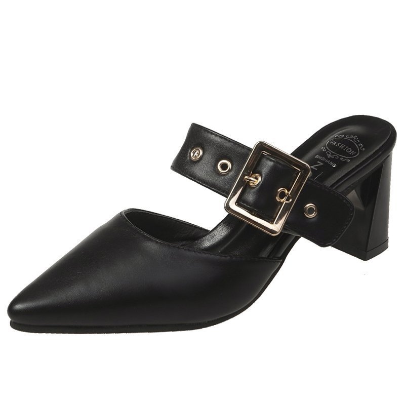 New Fashion Belt Buckle Pointed Thick Heel Mid Heel Muller Sandals And Slippers Black - Shop at LoveMi