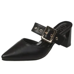 New Fashion Belt Buckle Pointed Thick Heel Mid Heel Muller Sandals And Slippers - Black - View 1