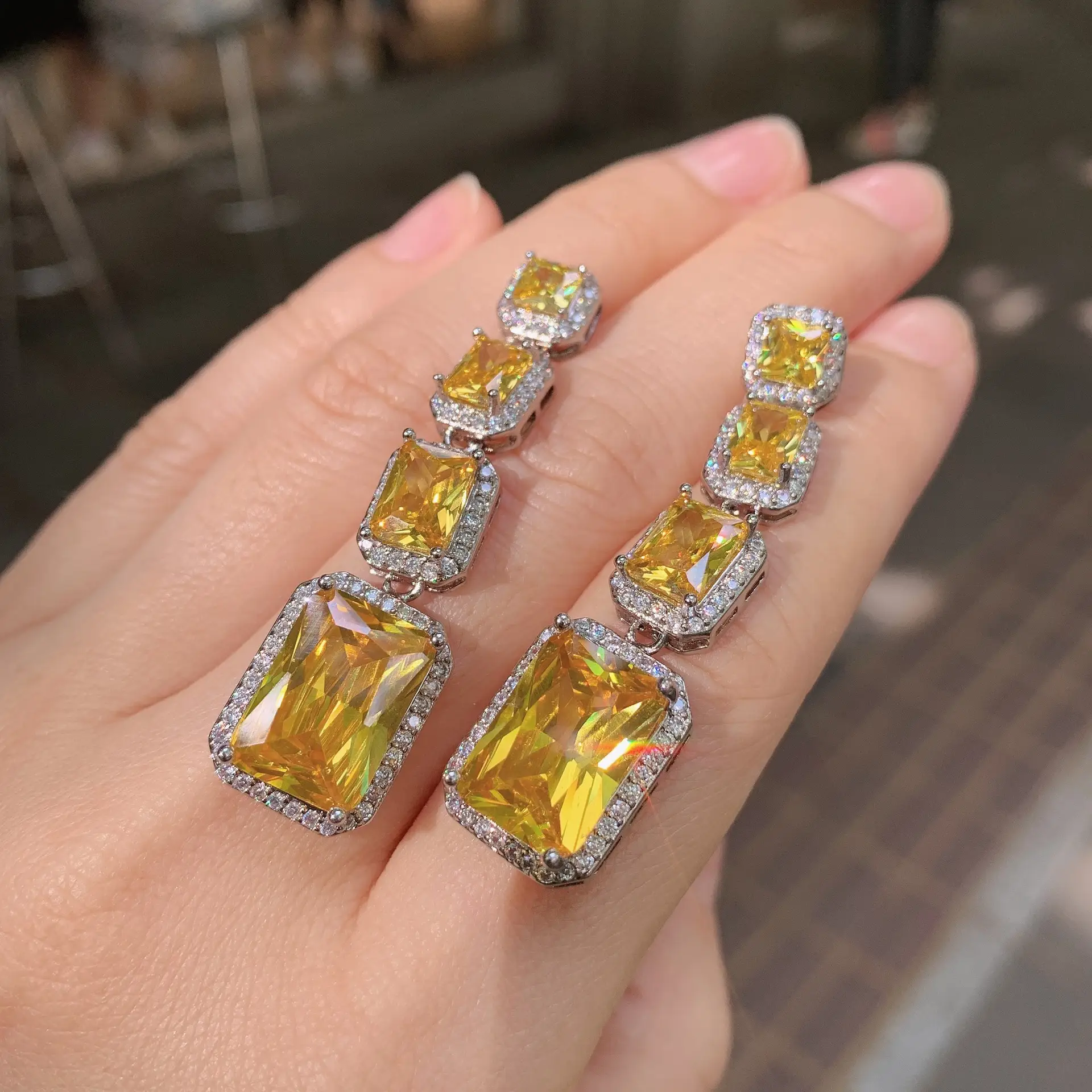 Simulation Of White Diamond And Yellow Diamond Rectangular Earrings