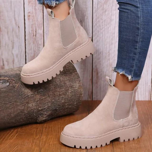 Women Ankle Boots Solid Color Chunky Boots Autumn Winter Platform Shoes Apricot - Shop at LoveMi