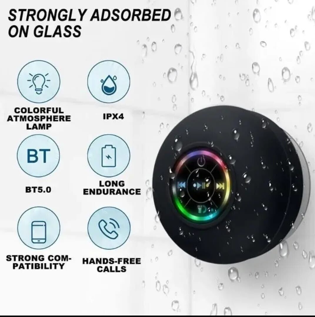 Waterproof Bluetooth Wireless Shower Speaker Bathroom LED Light Portable--white — image 6
