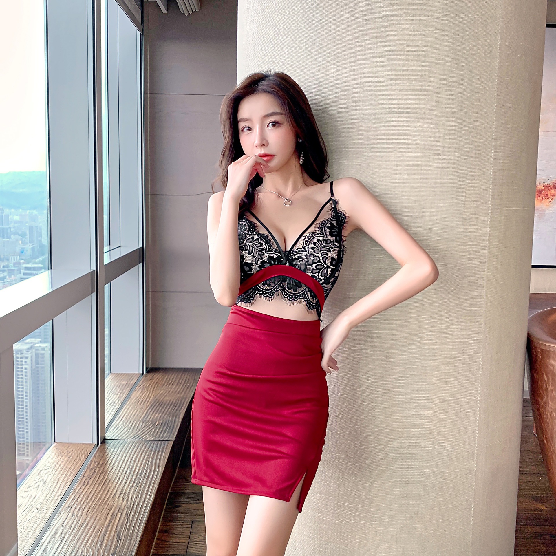 Women's Lace Paneled Skinny Hollow Sling Pack Hip Dress